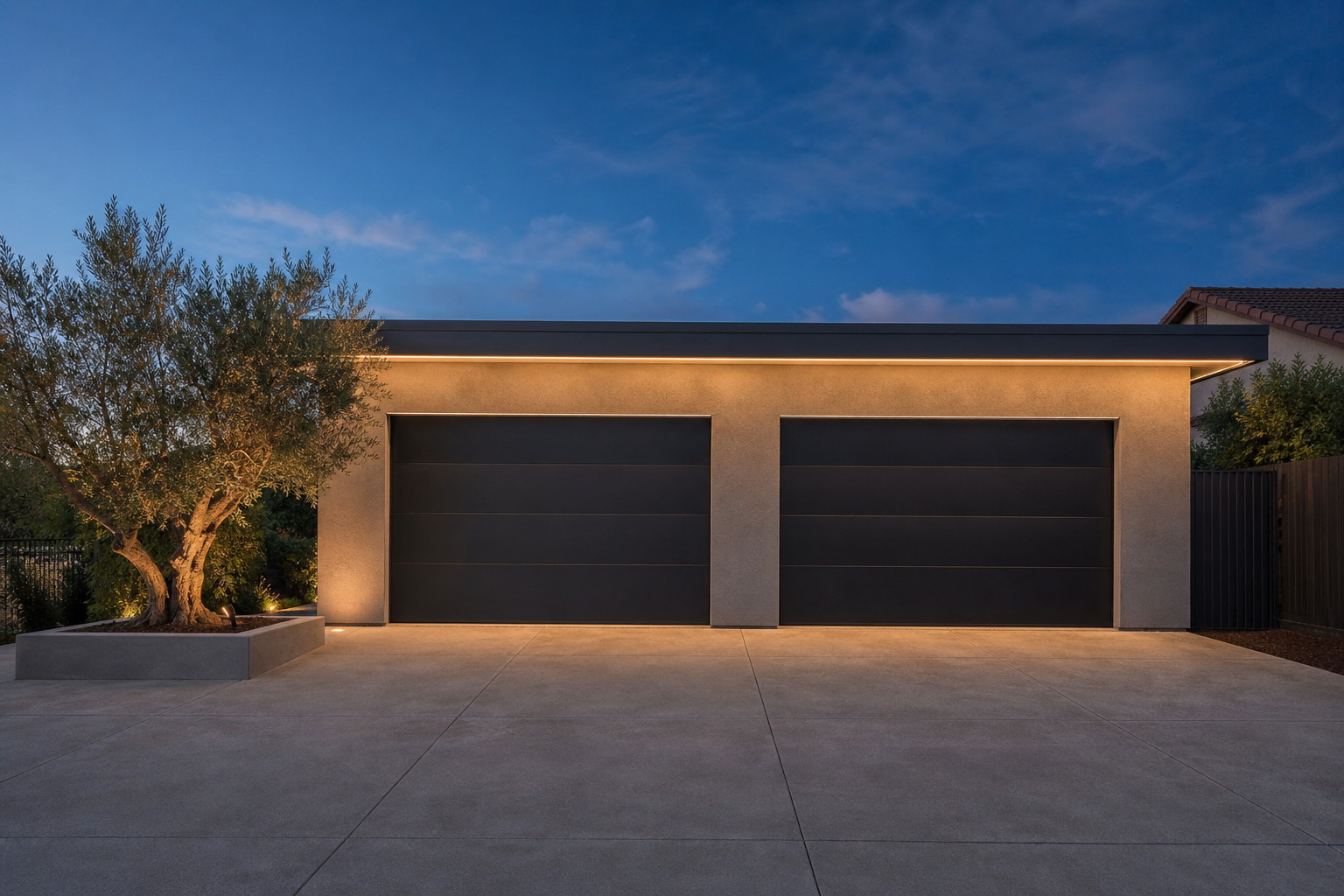 Modern grey stucco detached garage with flat roof black doors and LED soffit lighting at dusk