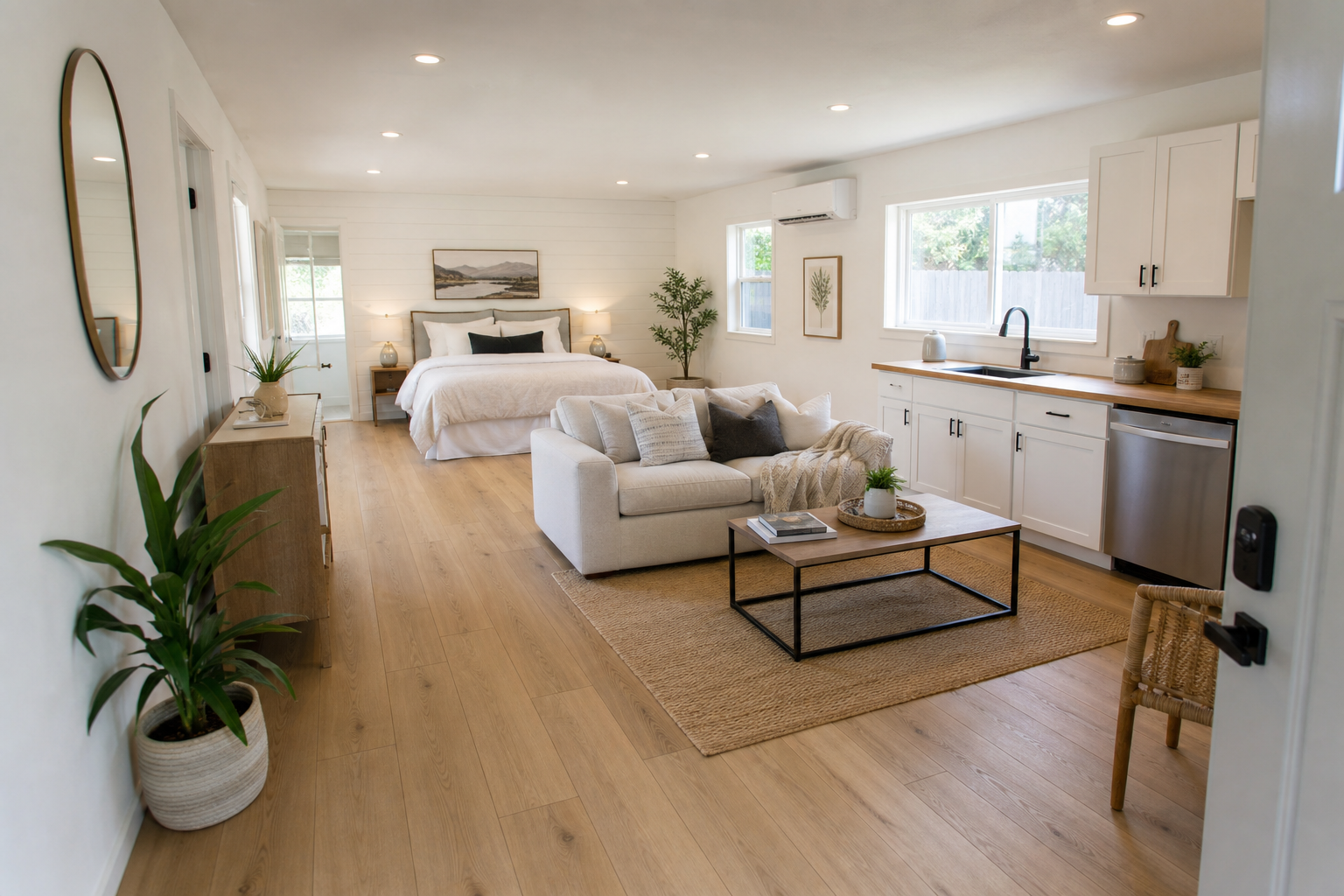 Bright studio apartment conversion inside detached garage with shiplap wall kitchenette and LVP flooring