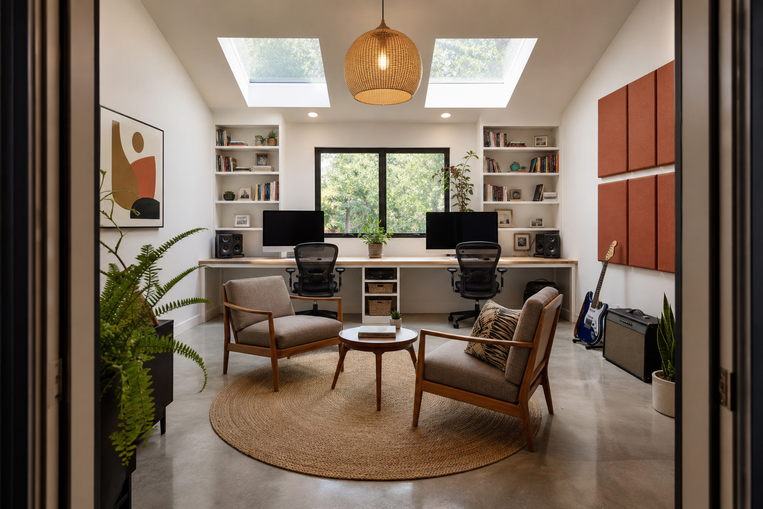 Home office studio conversion in detached garage with built-in desk shelves and skylight