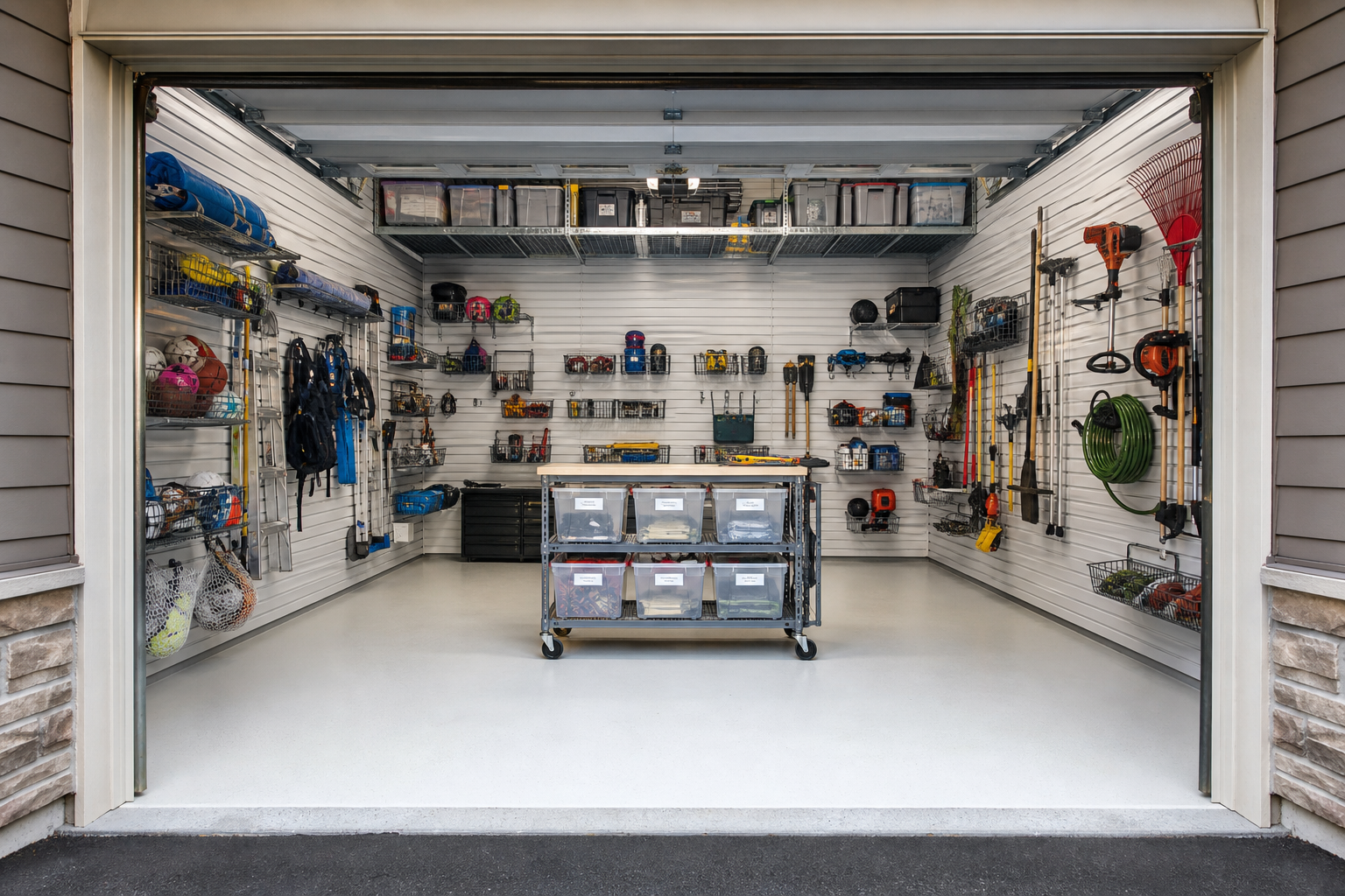 Organized storage garage interior with full slatwall panels overhead shelving and labeled clear bins