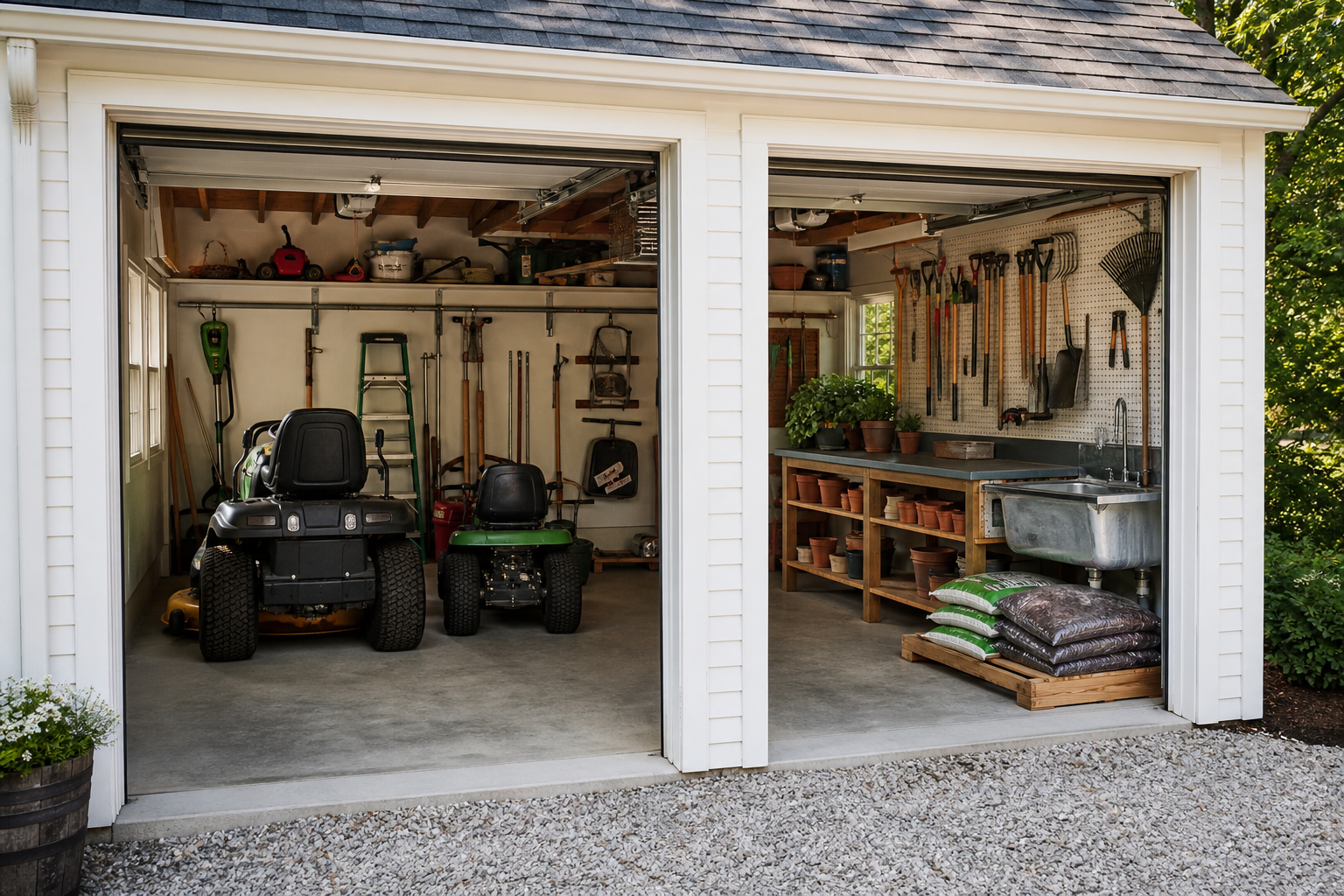 Garden and lawn equipment storage garage with potting bench utility sink and pegboard tool wall