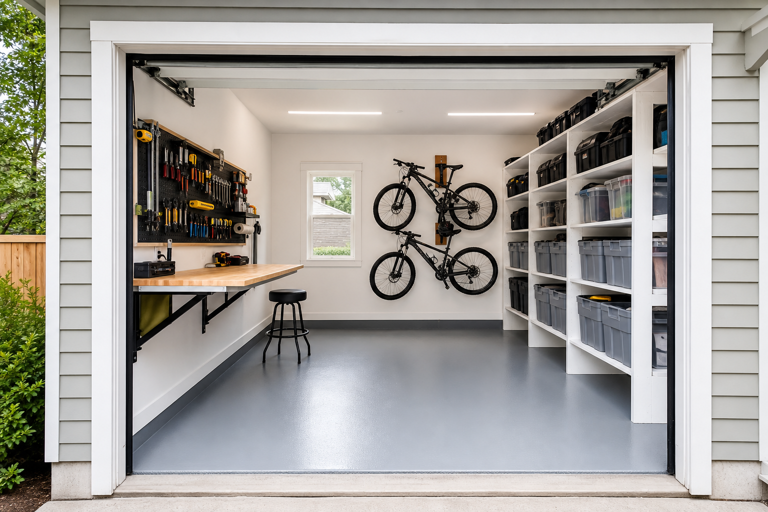 Small detached garage split between fold-down workbench storage shelves and wall-mounted bikes