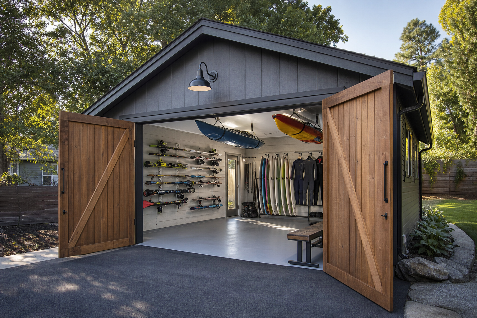 Sports and recreation storage garage with kayak pulley system ski racks surfboards and gear hooks