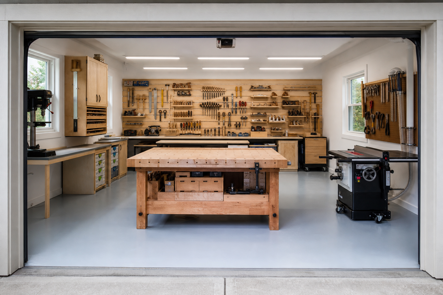 Clean woodworking workshop in detached garage with French cleat wall and butcher block workbench