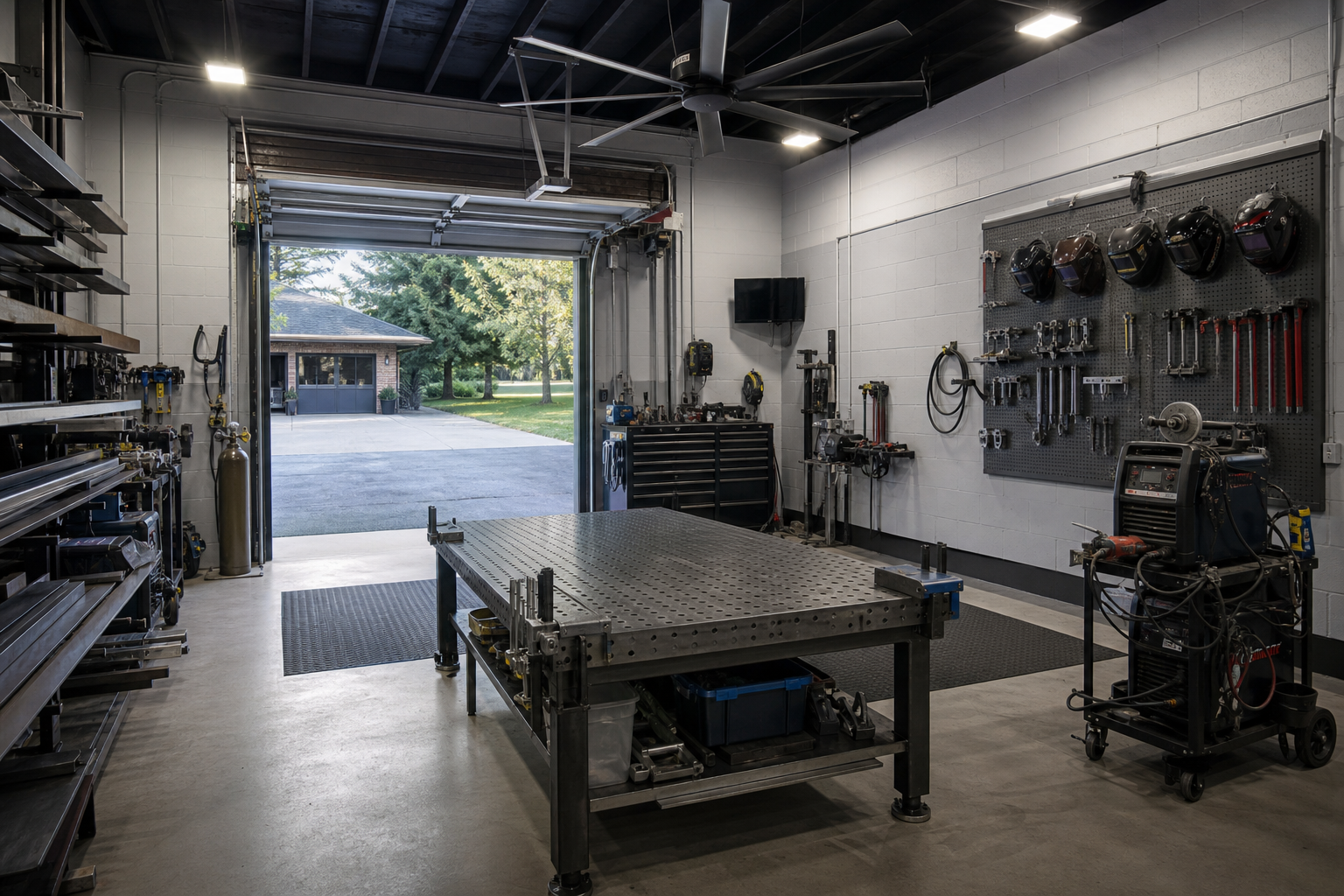 Metal fabrication workshop in detached garage with welding table industrial fan and high-bay lights