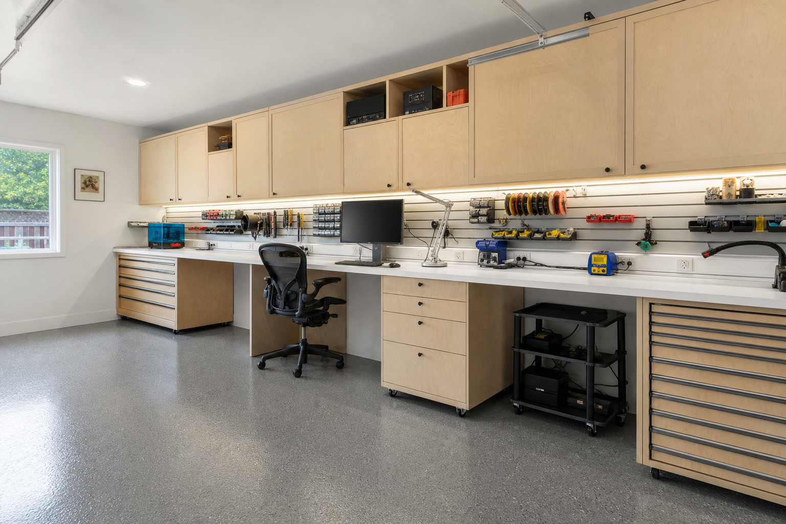 Electronics maker workshop in single-car detached garage with white cabinets and LED task lighting