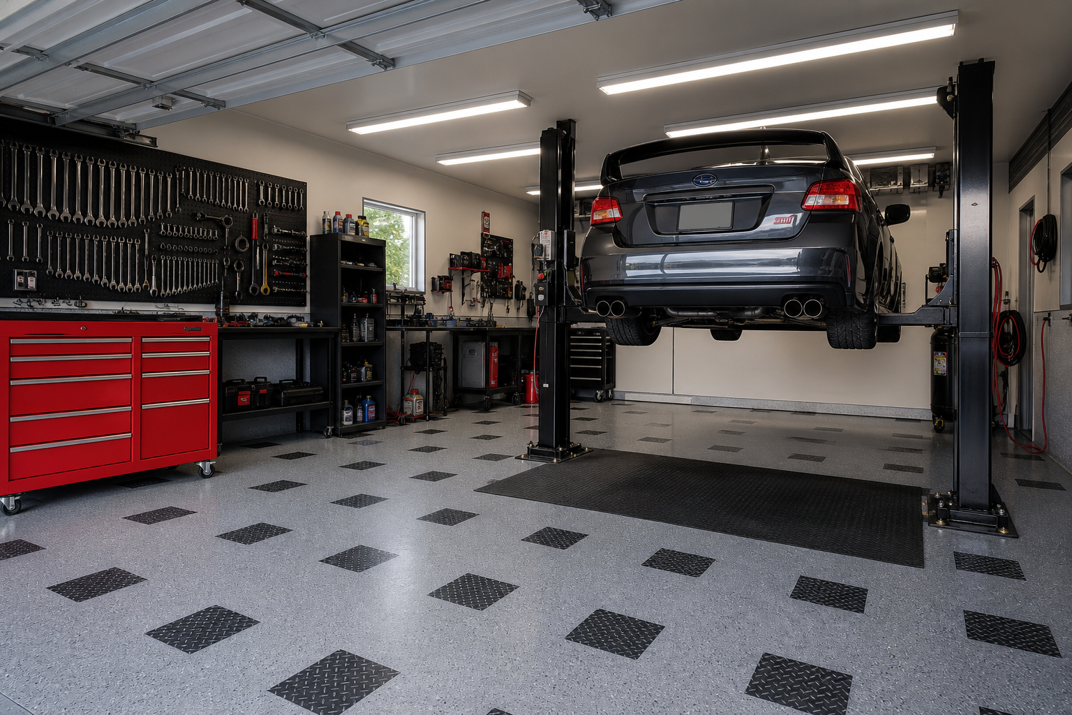 Automotive mechanic workshop in two-car detached garage with car lift red tool chest and epoxy floor