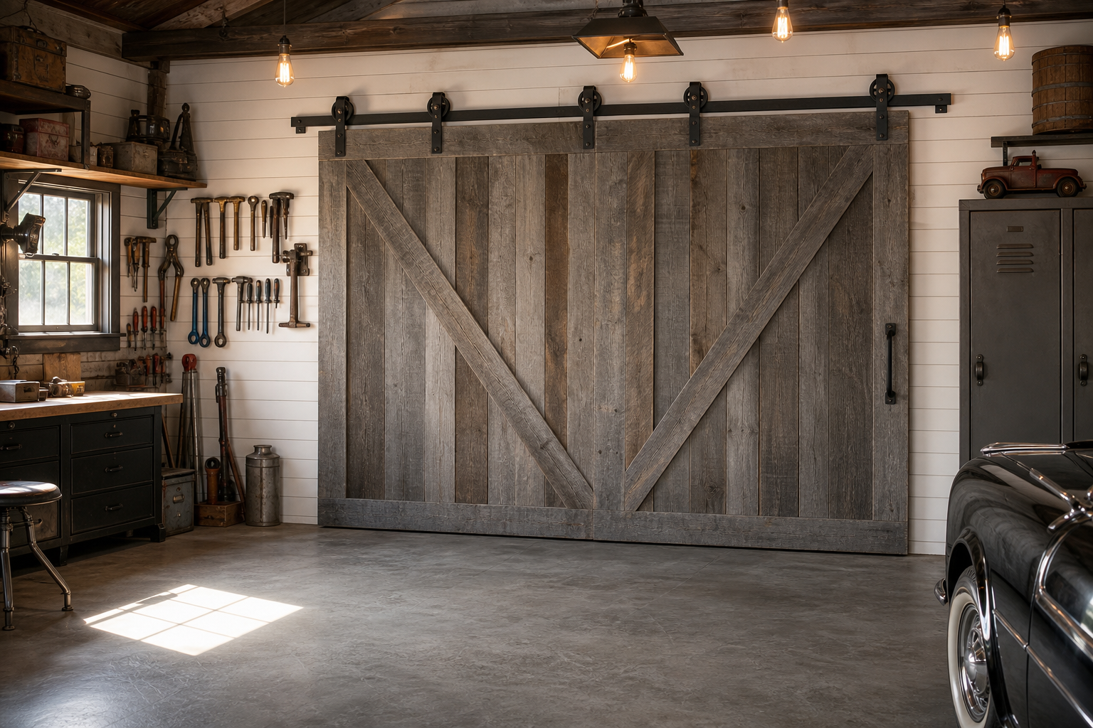 Sliding reclaimed wood barn door with black steel hardware on white shiplap garage wall