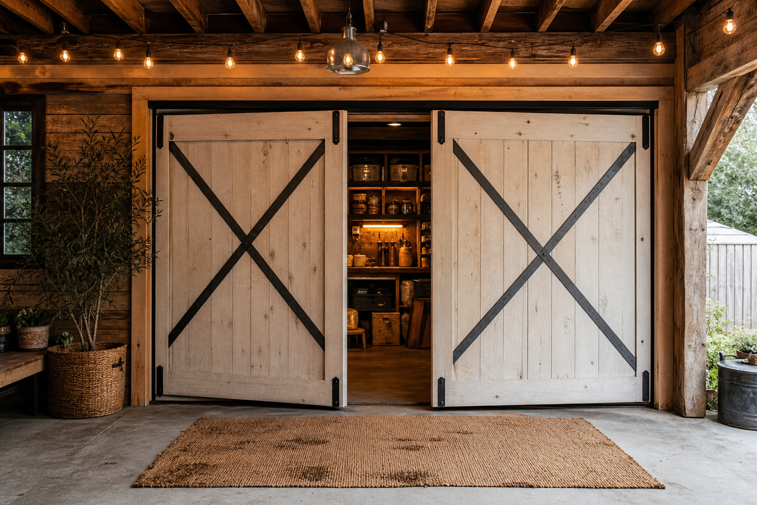 Double whitewashed pine barn doors with black X-brace straps covering garage storage shelving