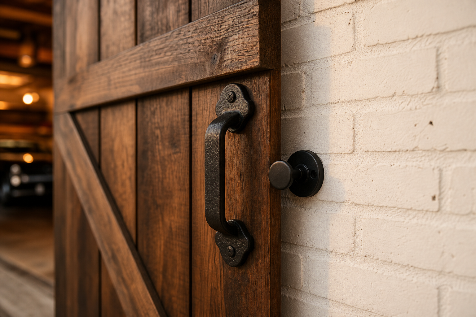 Dark walnut barn door with black cast iron handle detail on white brick garage wall