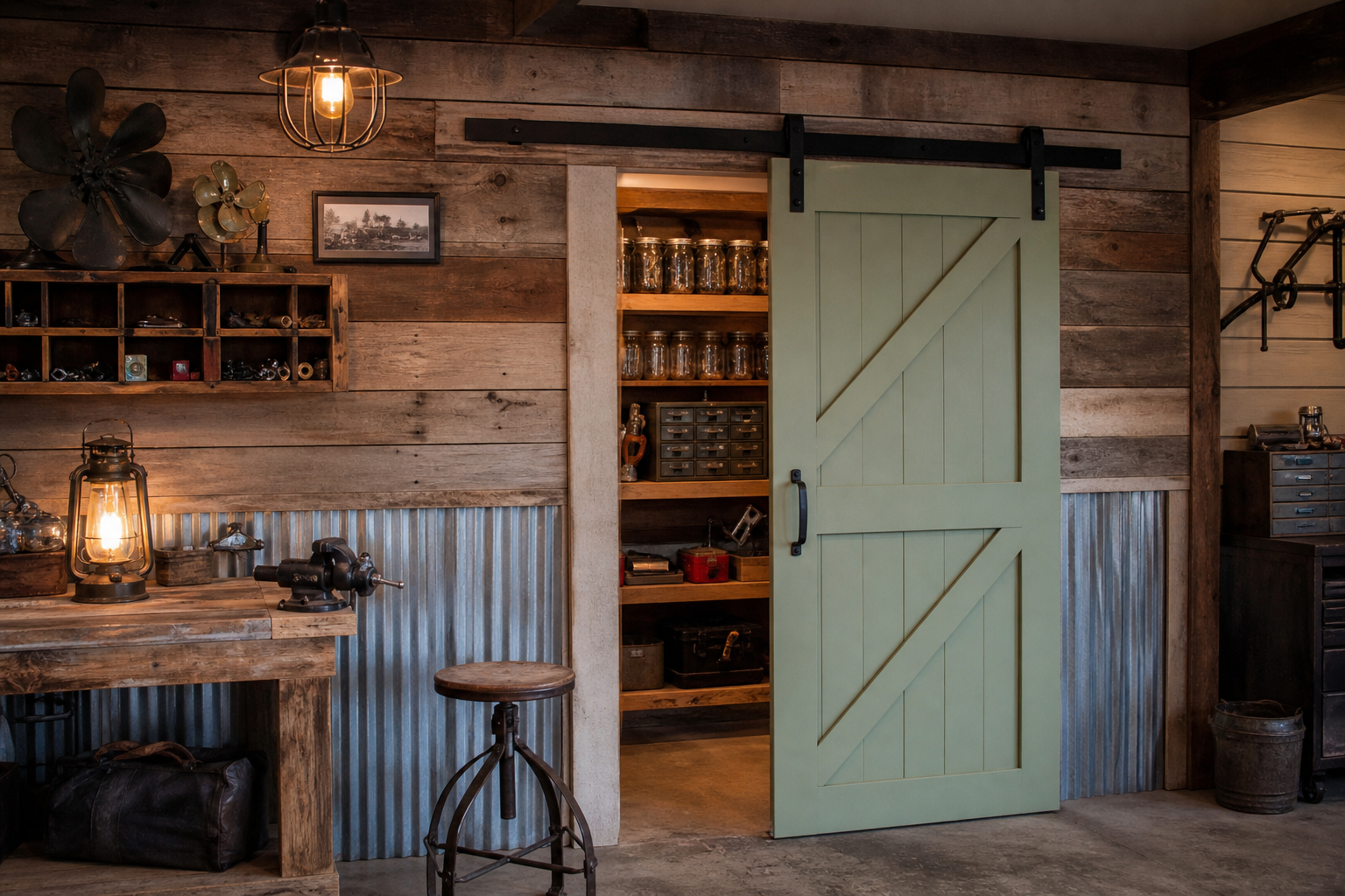 Sage green pine Z-brace barn door on black sliding rail covering garage workshop shelving