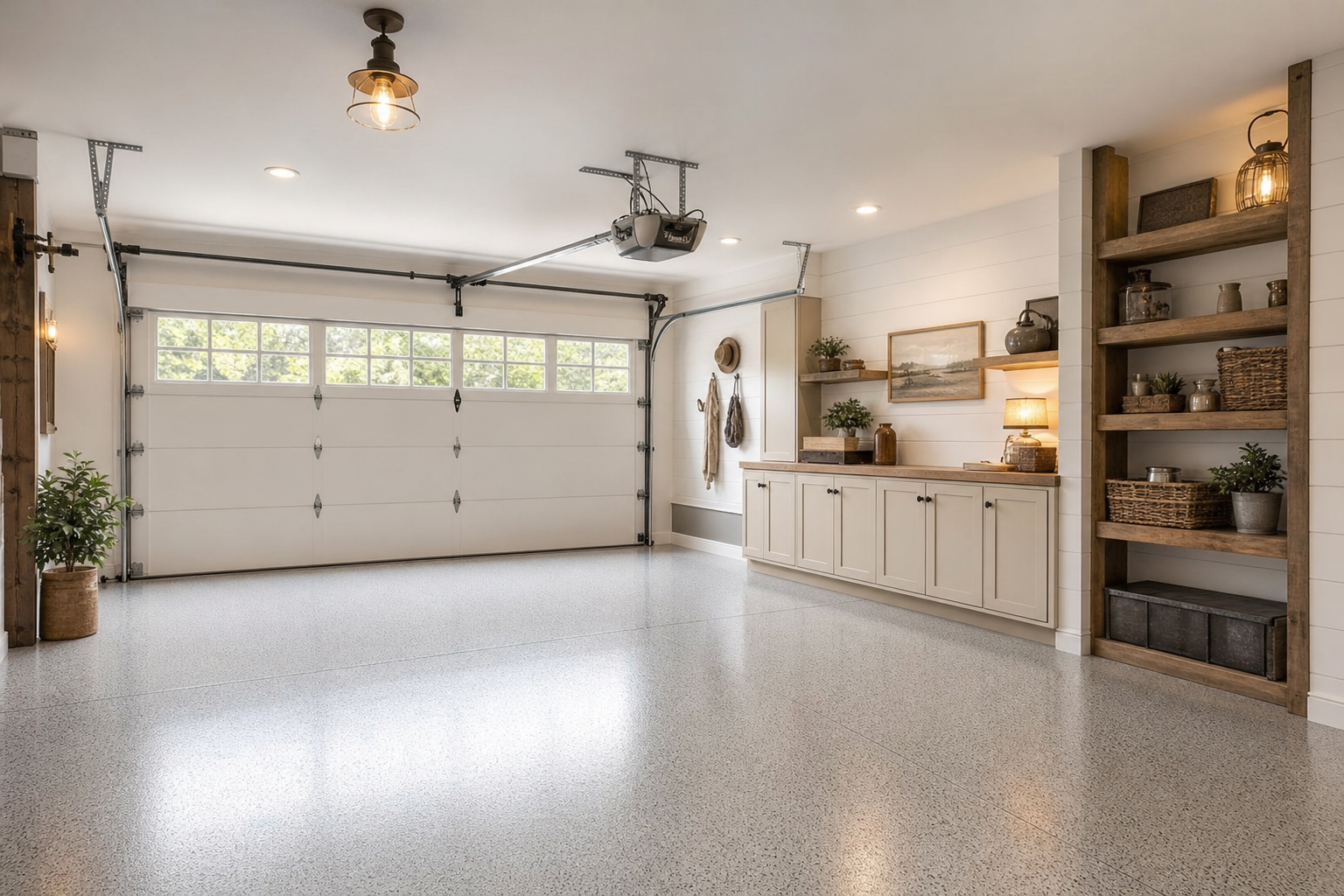 Bright warm white farmhouse garage with cream cabinets grey epoxy floor and shiplap accent wall