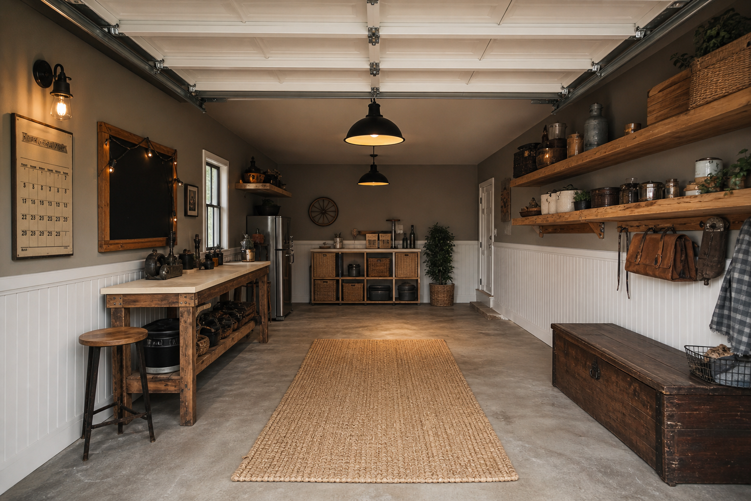 Greige farmhouse garage with white beadboard wainscoting natural pine shelving and sisal runner