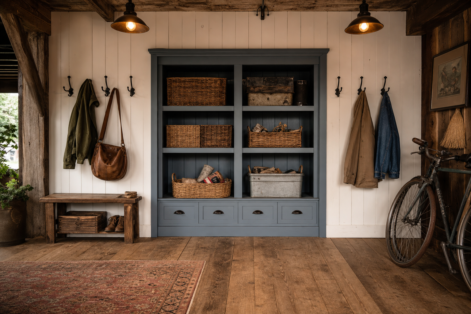 White tongue-and-groove garage wall with dusty blue built-in cubbies and woven basket storage