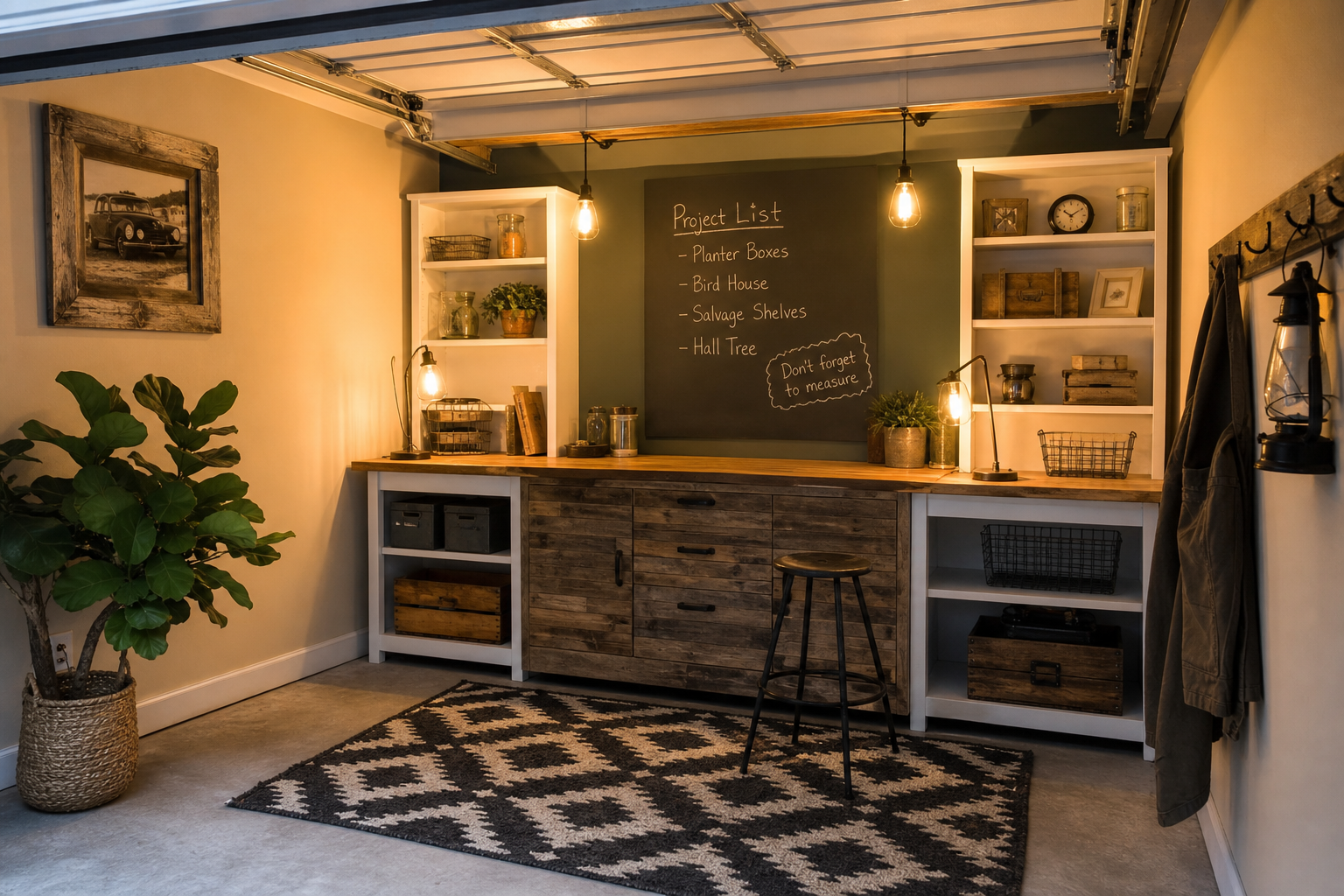 Cream farmhouse garage with sage green accent wall chalkboard and white open shelving workstation