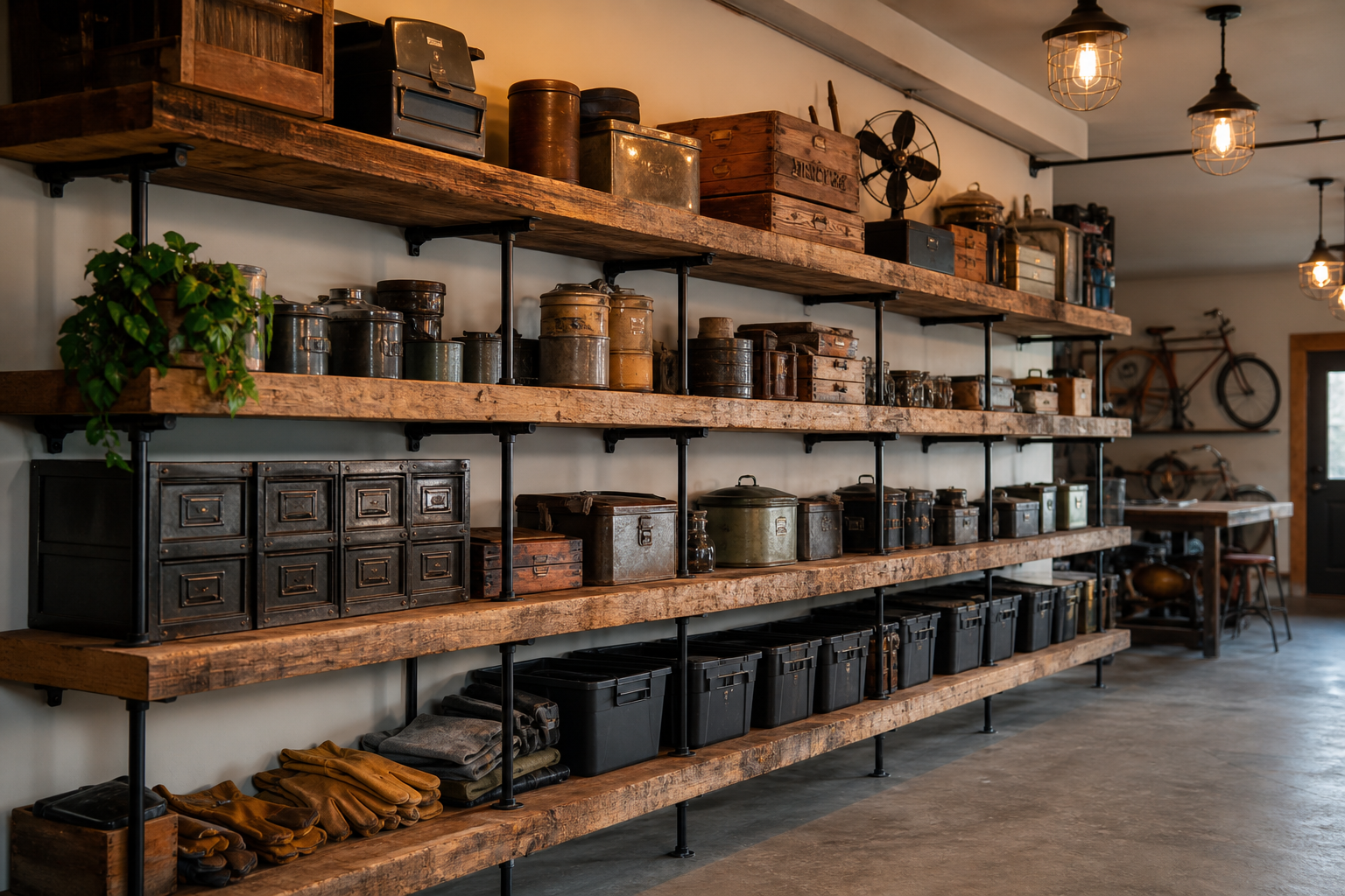 Floor-to-ceiling reclaimed barn wood open shelving with black iron pipe brackets in garage