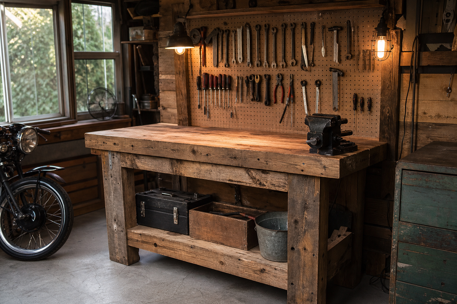Freestanding reclaimed pallet wood workbench with pegboard tool storage in farmhouse garage