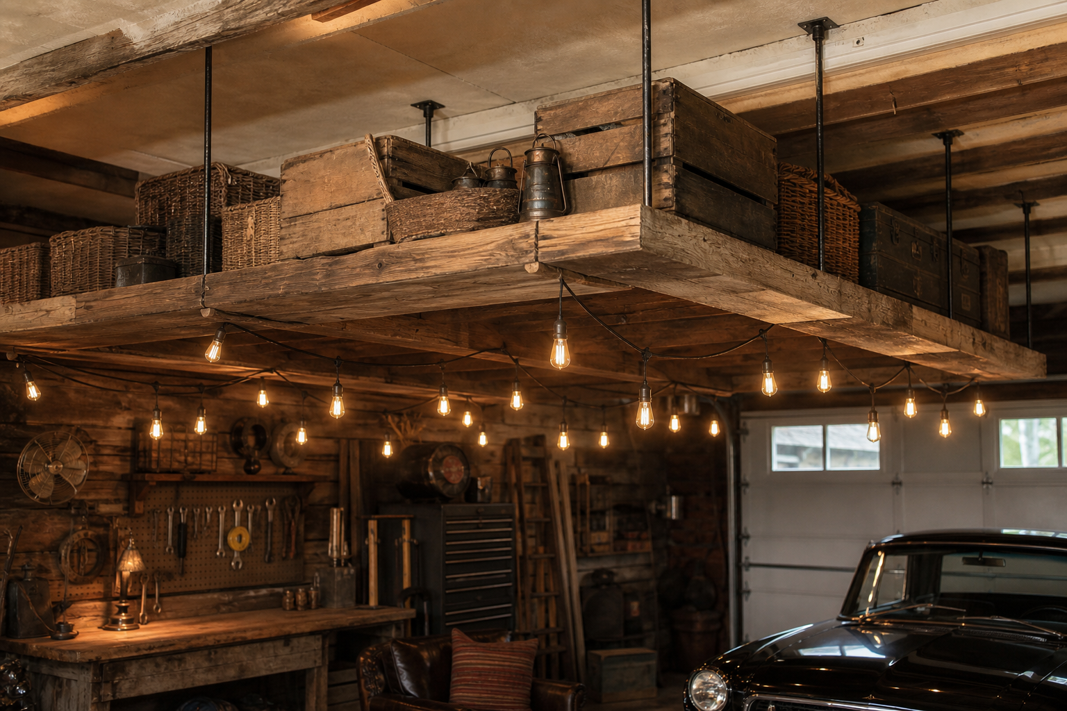Reclaimed wood beam ceiling loft storage with vintage crates and Edison string lights in garage