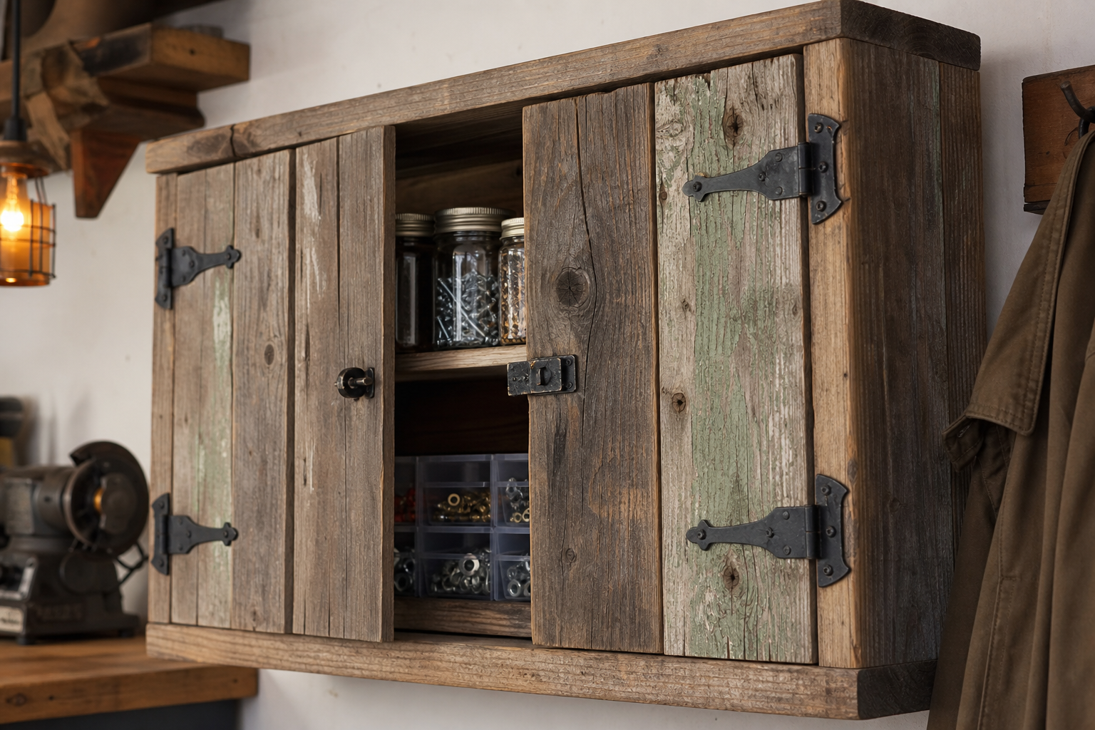 Reclaimed fence board wall cabinet with wrought iron hinges and labeled storage jars inside