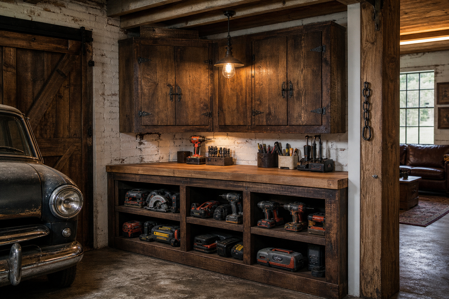 Reclaimed wood upper cabinets and open lower shelves in a dark farmhouse garage workshop nook