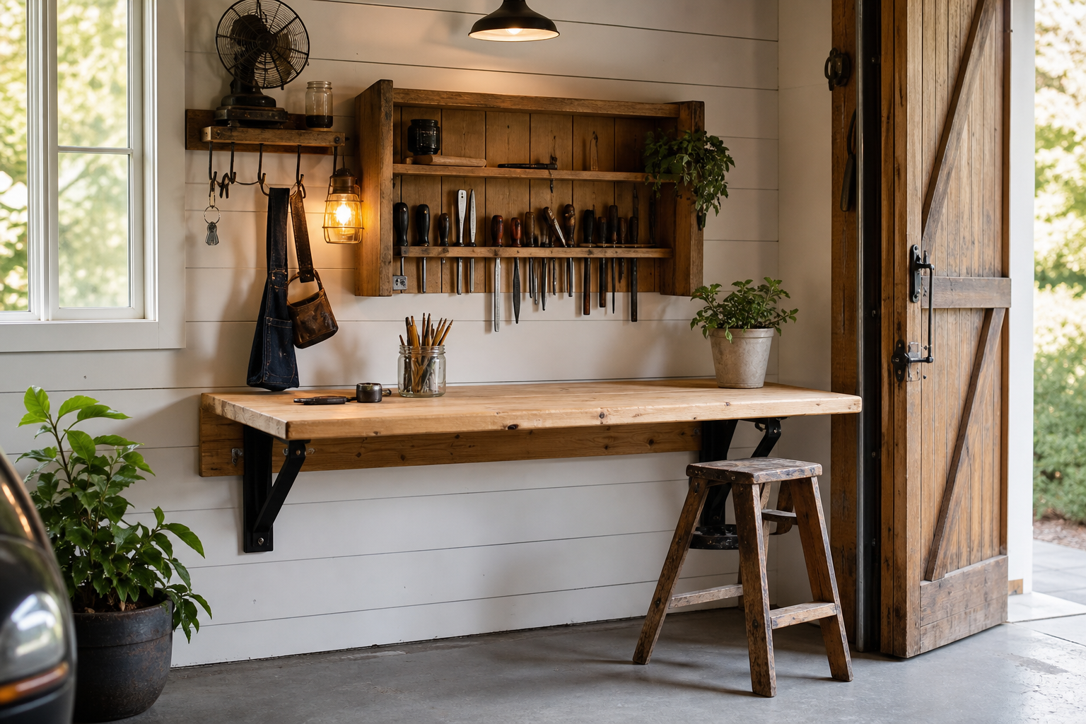 Fold-down natural pine workbench with white shiplap and wall-mounted tool organizer in garage workshop