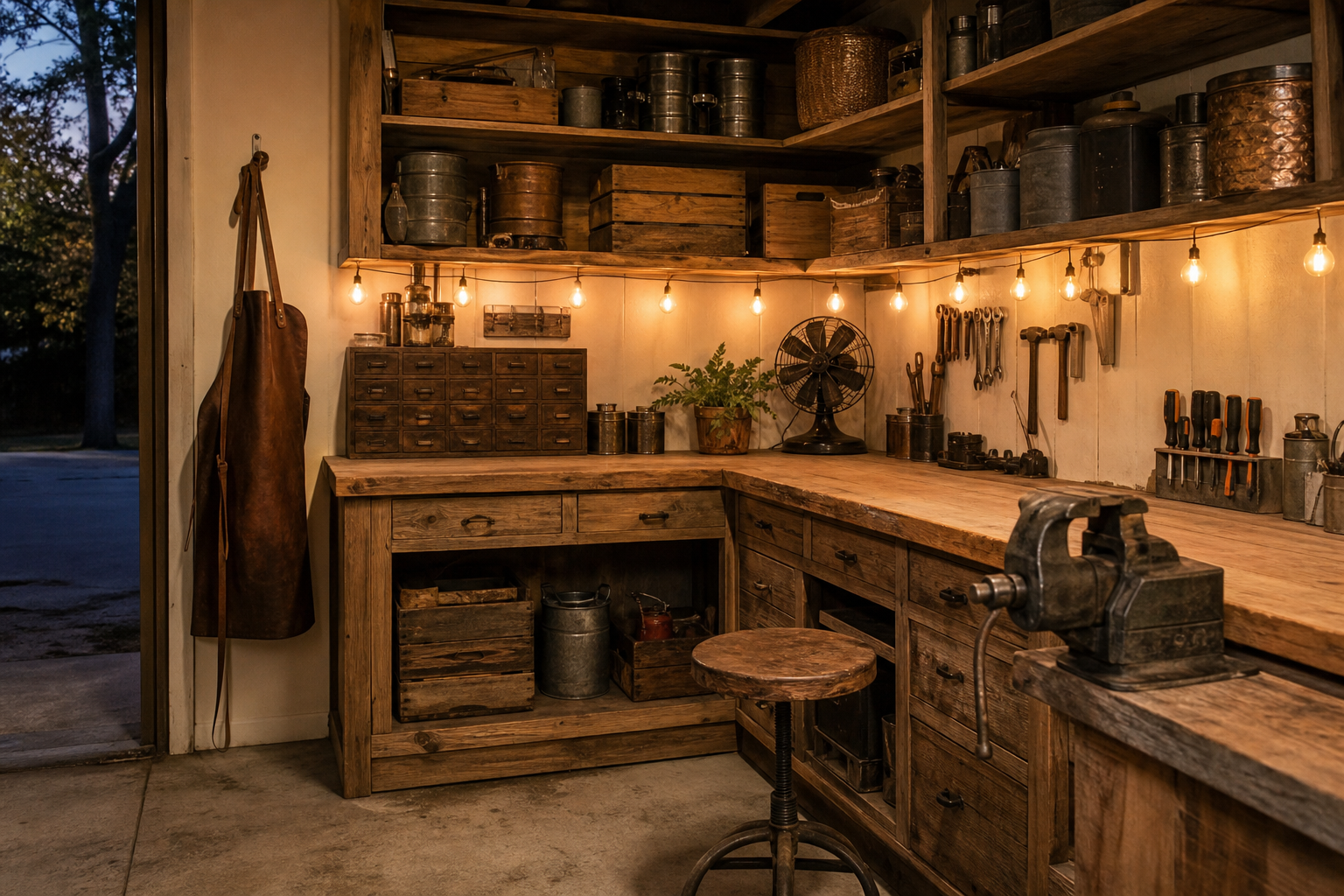 U-shaped aged pine farmhouse garage workbench with Edison string lights and vintage metal storage