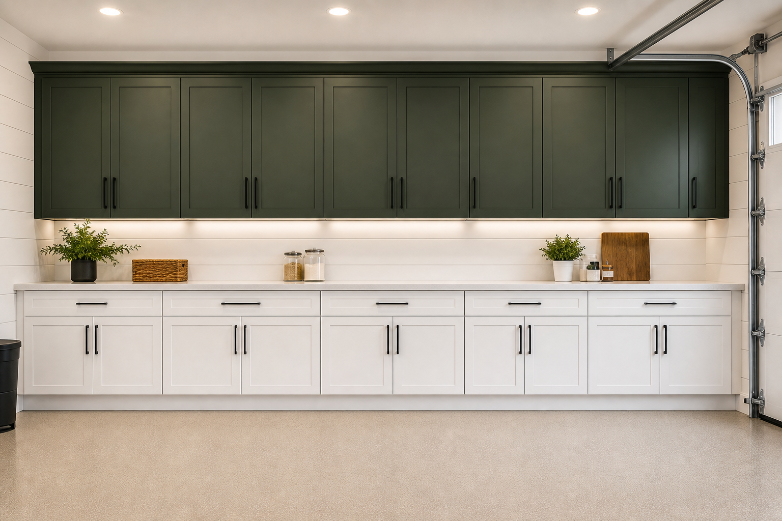 Two-tone forest green and white garage cabinets with matte black hardware and shiplap wall