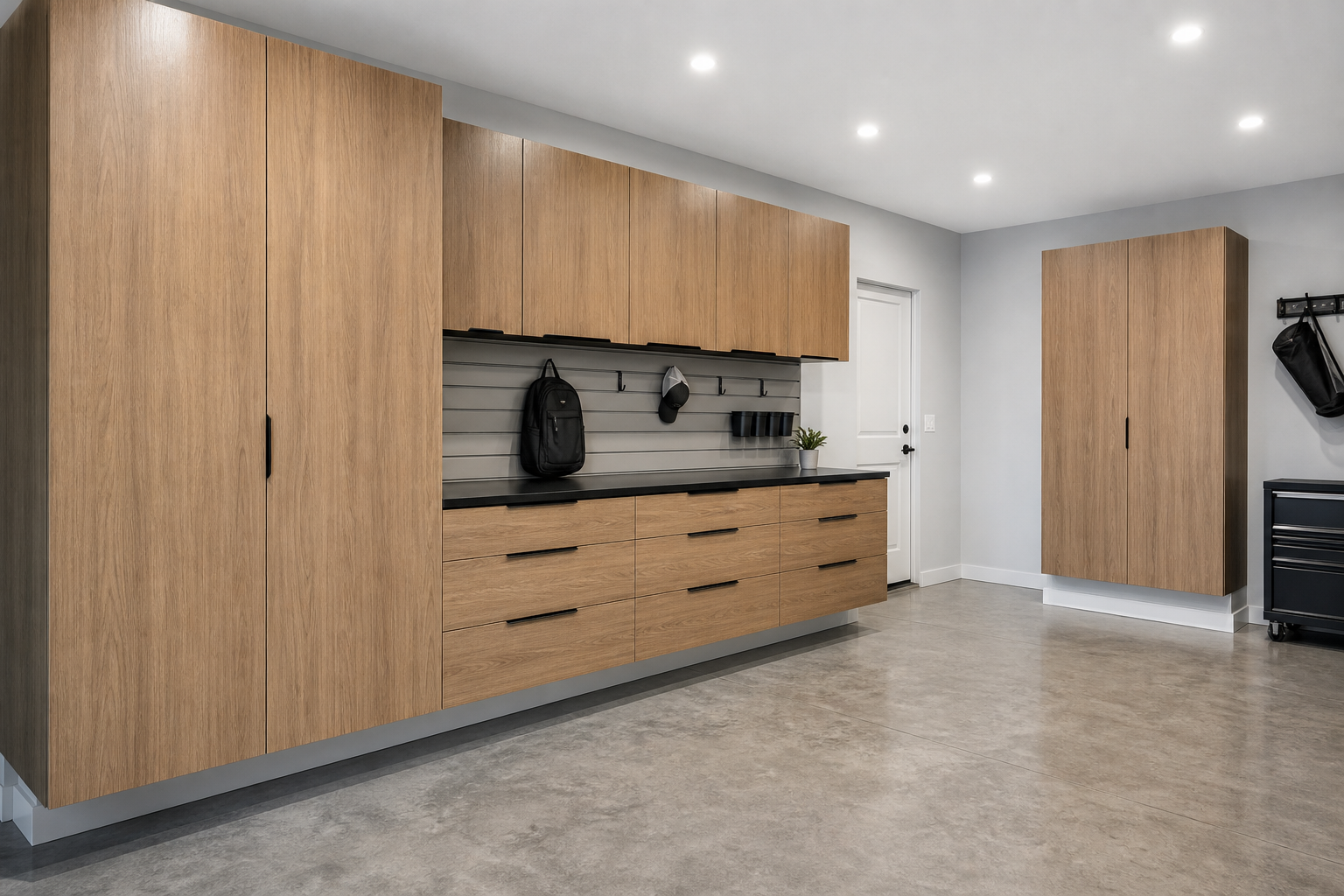 Wood grain thermofoil finish garage cabinets with integrated J-pull handles and black countertop