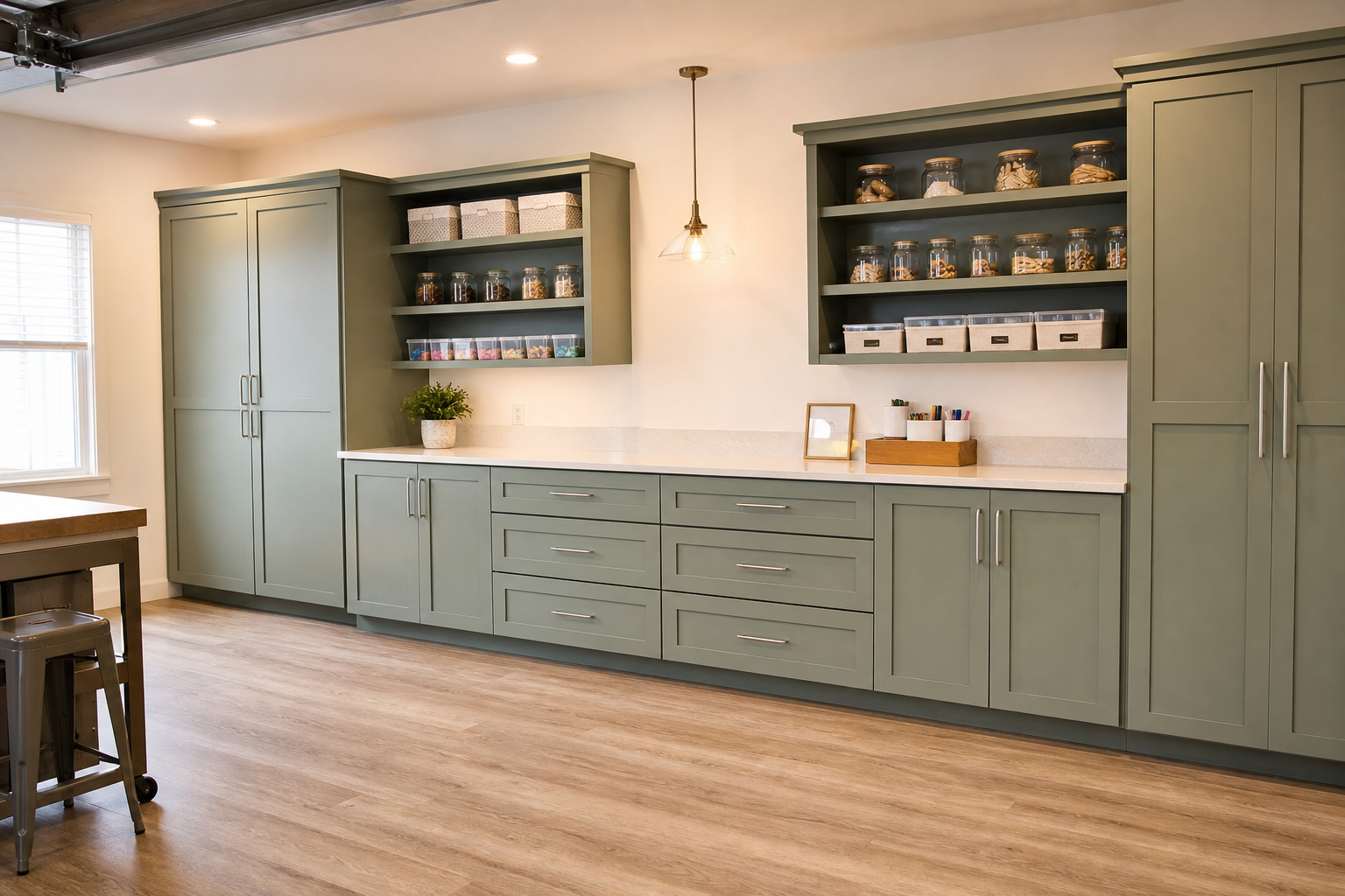 Sage green shaker style garage cabinets in hobby room with open shelves and warm lighting