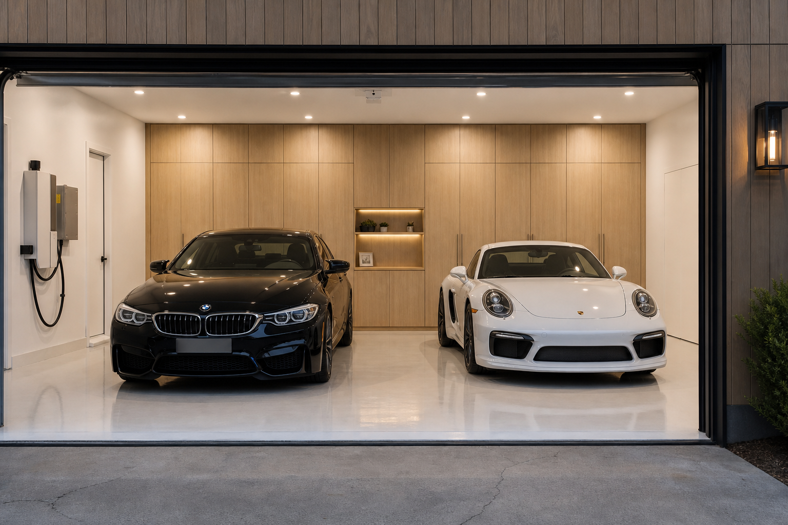 Custom floor-to-ceiling white oak veneer garage cabinets with recessed LED lighting