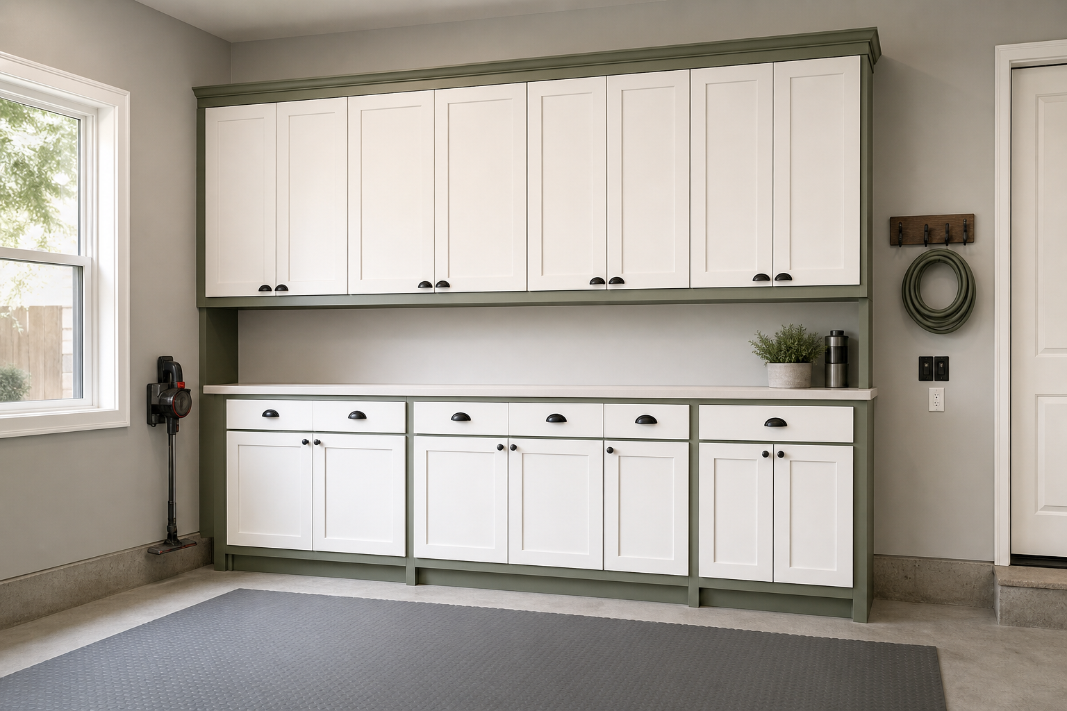 DIY sage green shaker-style MDF garage cabinets with white laminate countertop