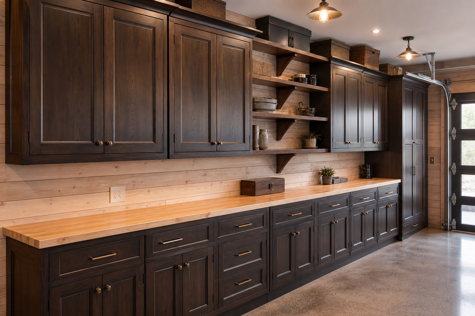 Custom craftsman-style espresso stained garage cabinets with maple butcher block countertop
