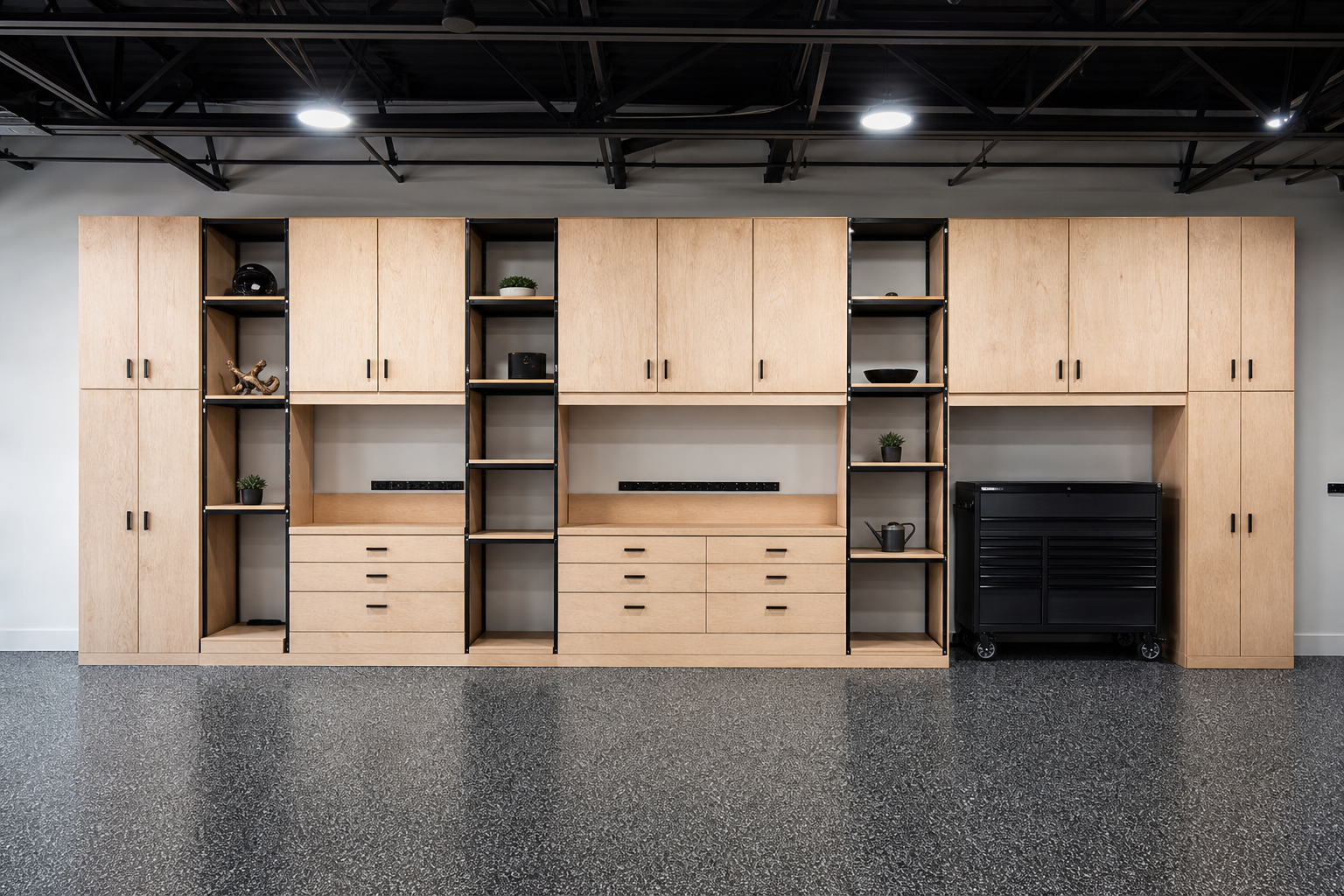Custom natural Baltic birch plywood garage cabinets with black metal open shelf brackets