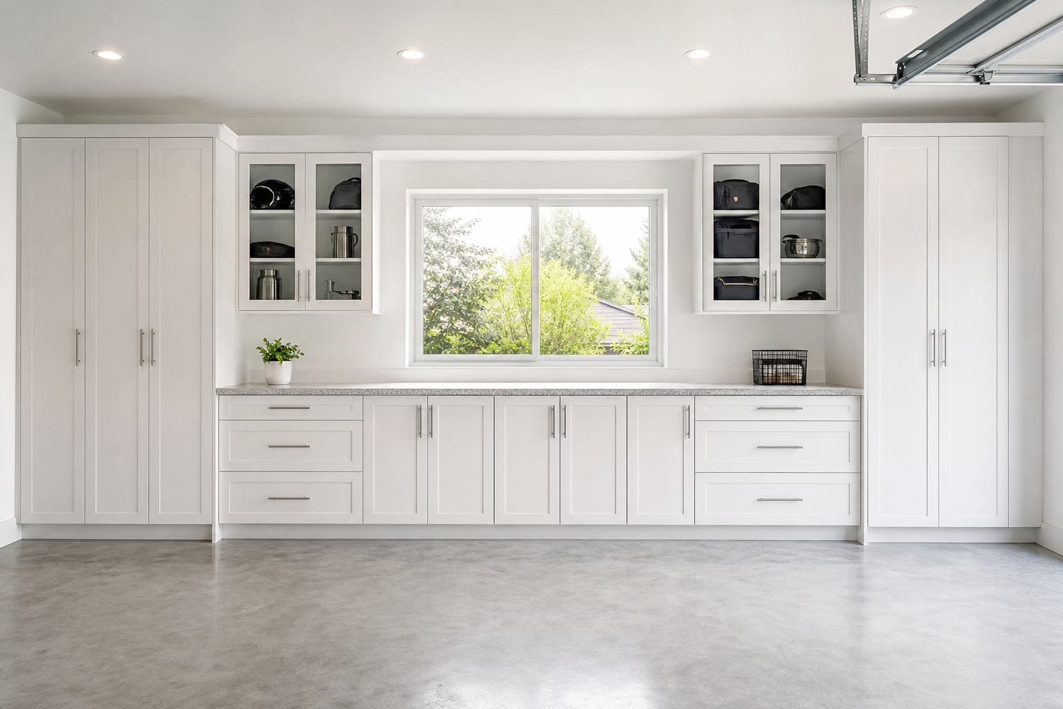 Custom white garage cabinets built around pass-through window with quartz countertop