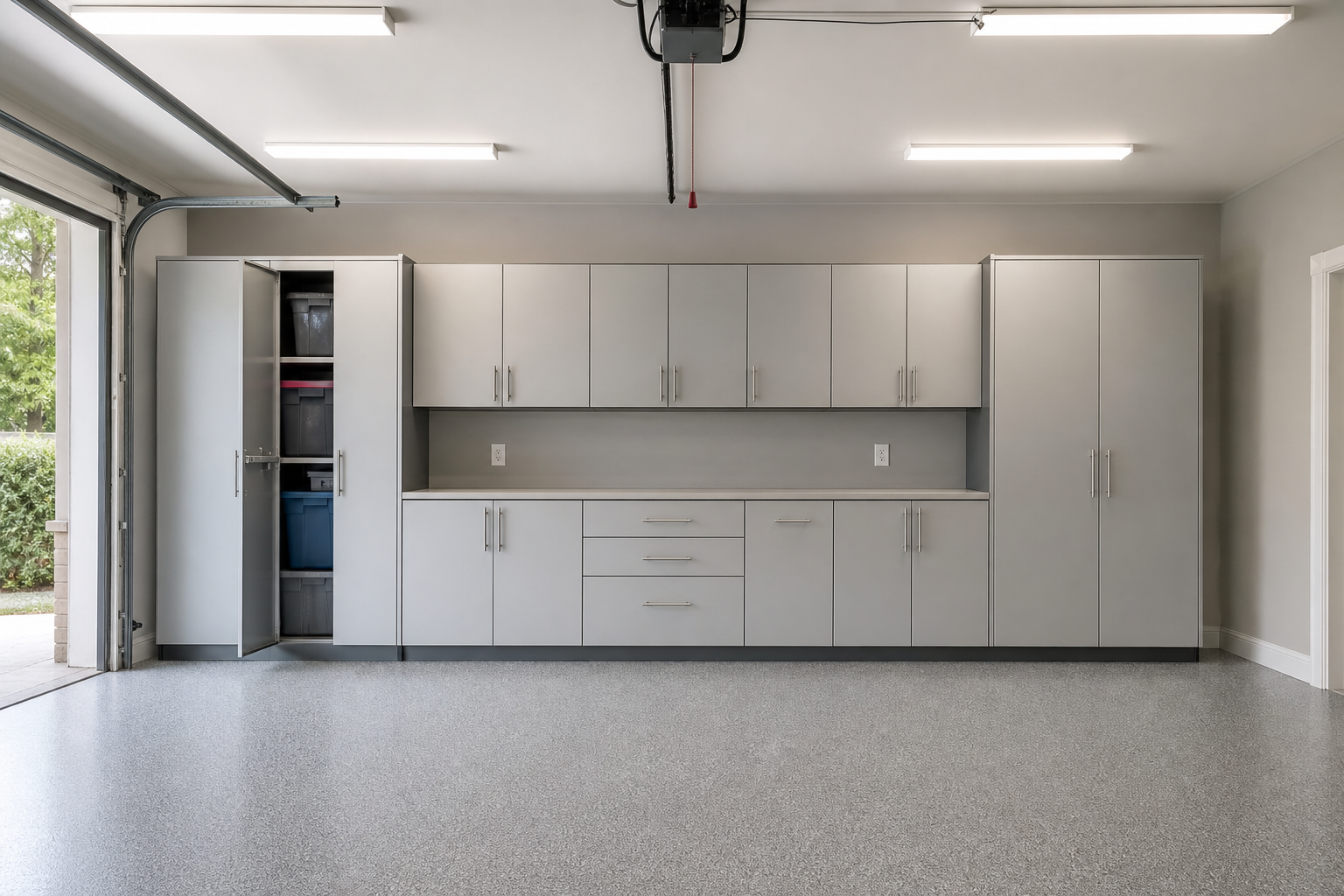 Full wall of matching light gray modular steel garage cabinets with LED overhead lighting
