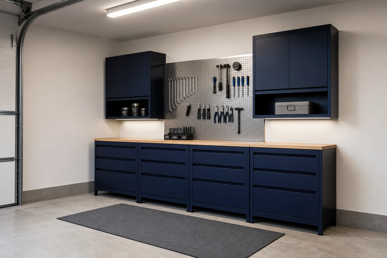 Compact deep navy blue modular garage cabinet system with stainless pegboard panel