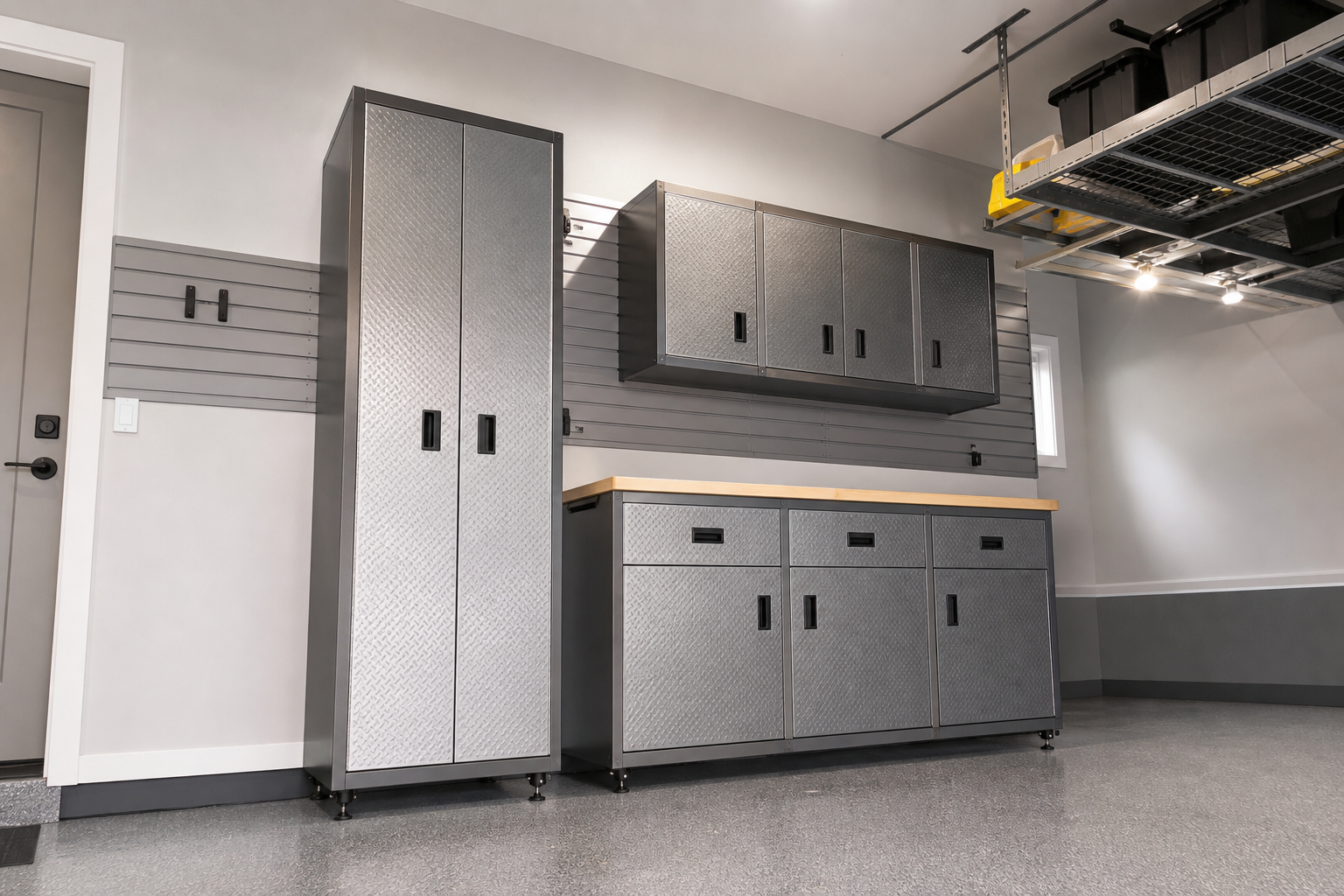Metallic silver wall-mounted modular garage cabinets on slatwall rail with butcher block top