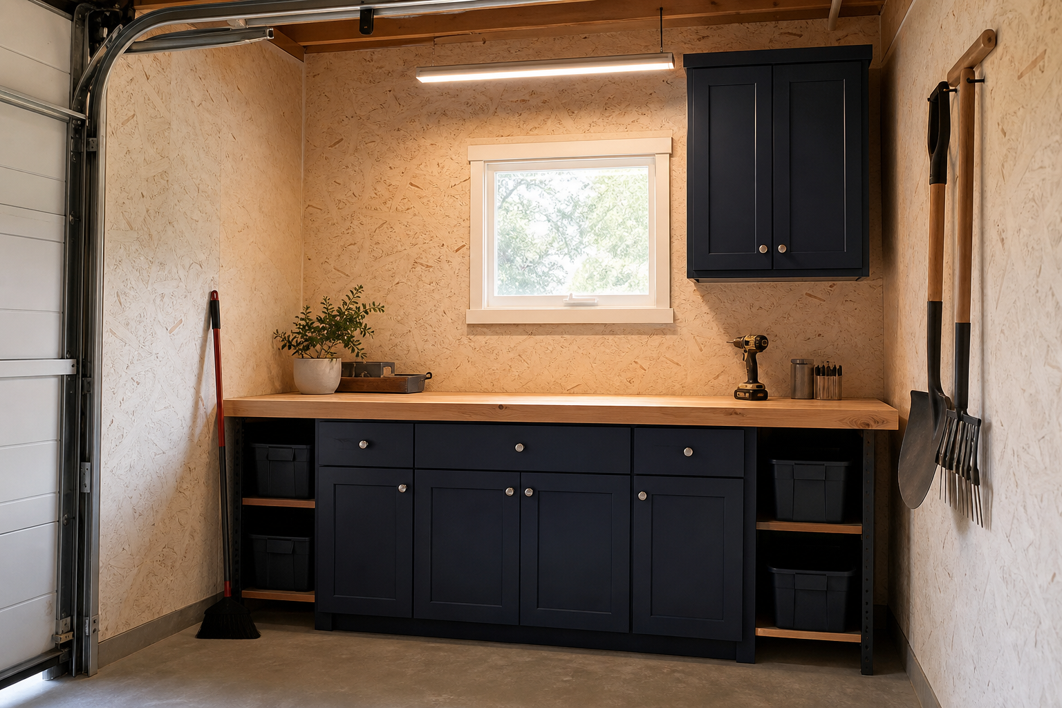 Compact pine top workbench with navy blue garage cabinets in small one-car garage