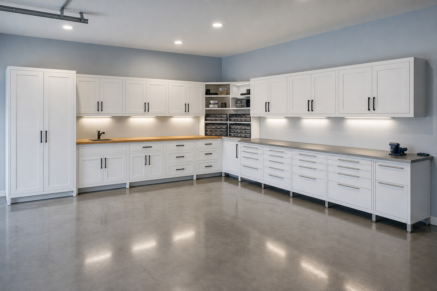 L-shaped garage workbench and cabinet combo with butcher block and laminate tops