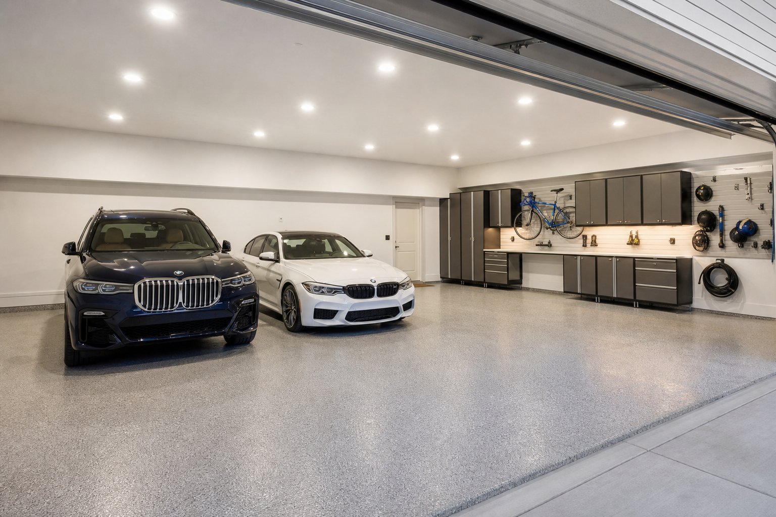 Smooth white painted drywall garage ceiling with evenly spaced recessed LED lights