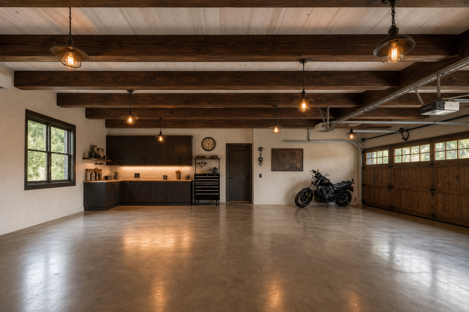 Dark walnut stained wooden beams on a whitewashed garage ceiling with pendant lights