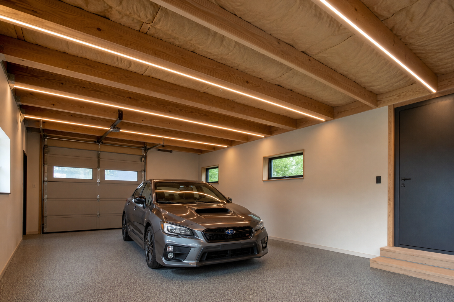 Natural Douglas fir beams with insulation visible between joists in a finished garage