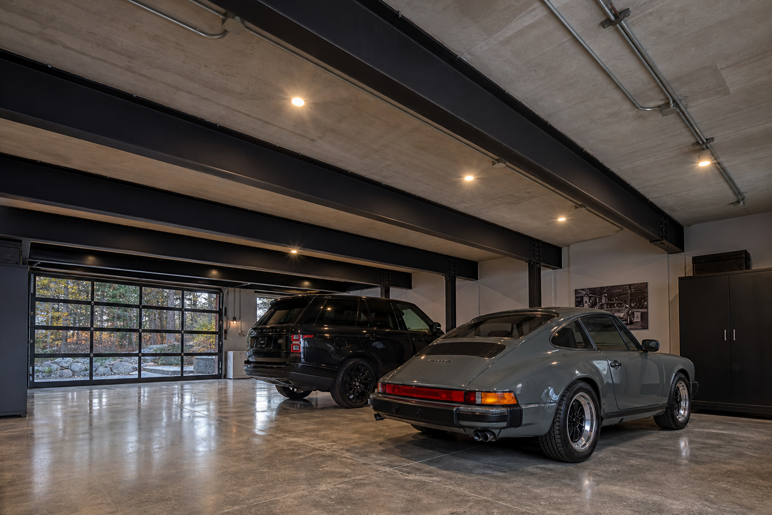 Black painted steel I-beams on a gray garage ceiling with exposed conduit and recessed LEDs