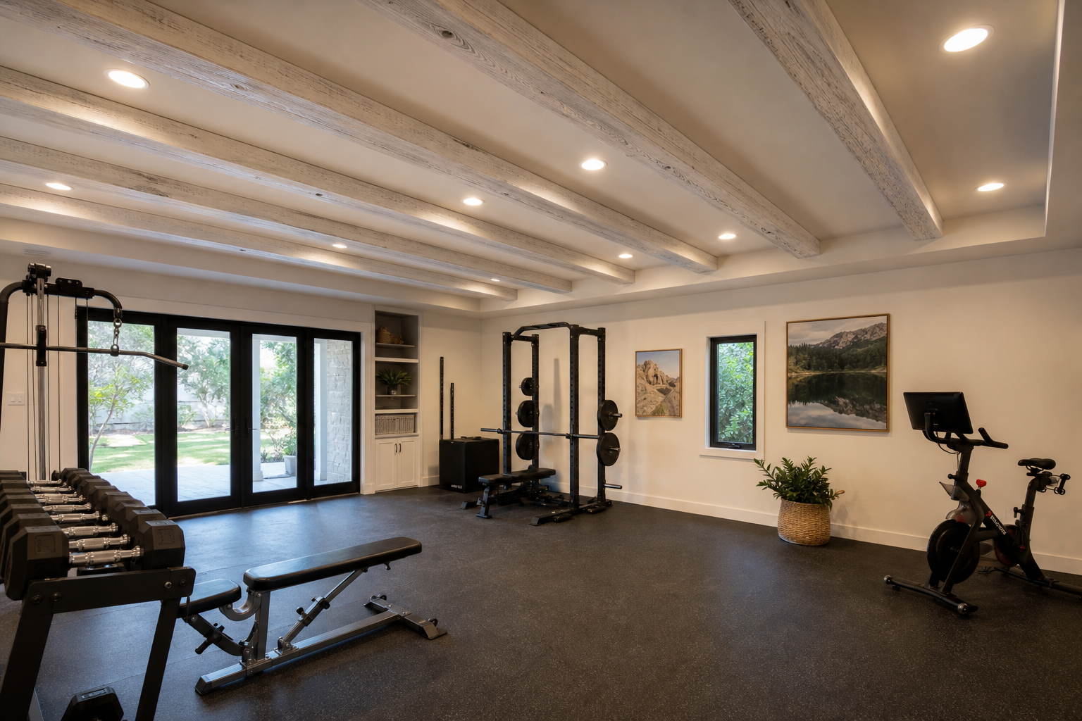 White painted faux wood beams on a smooth cream drywall garage ceiling in a converted gym space
