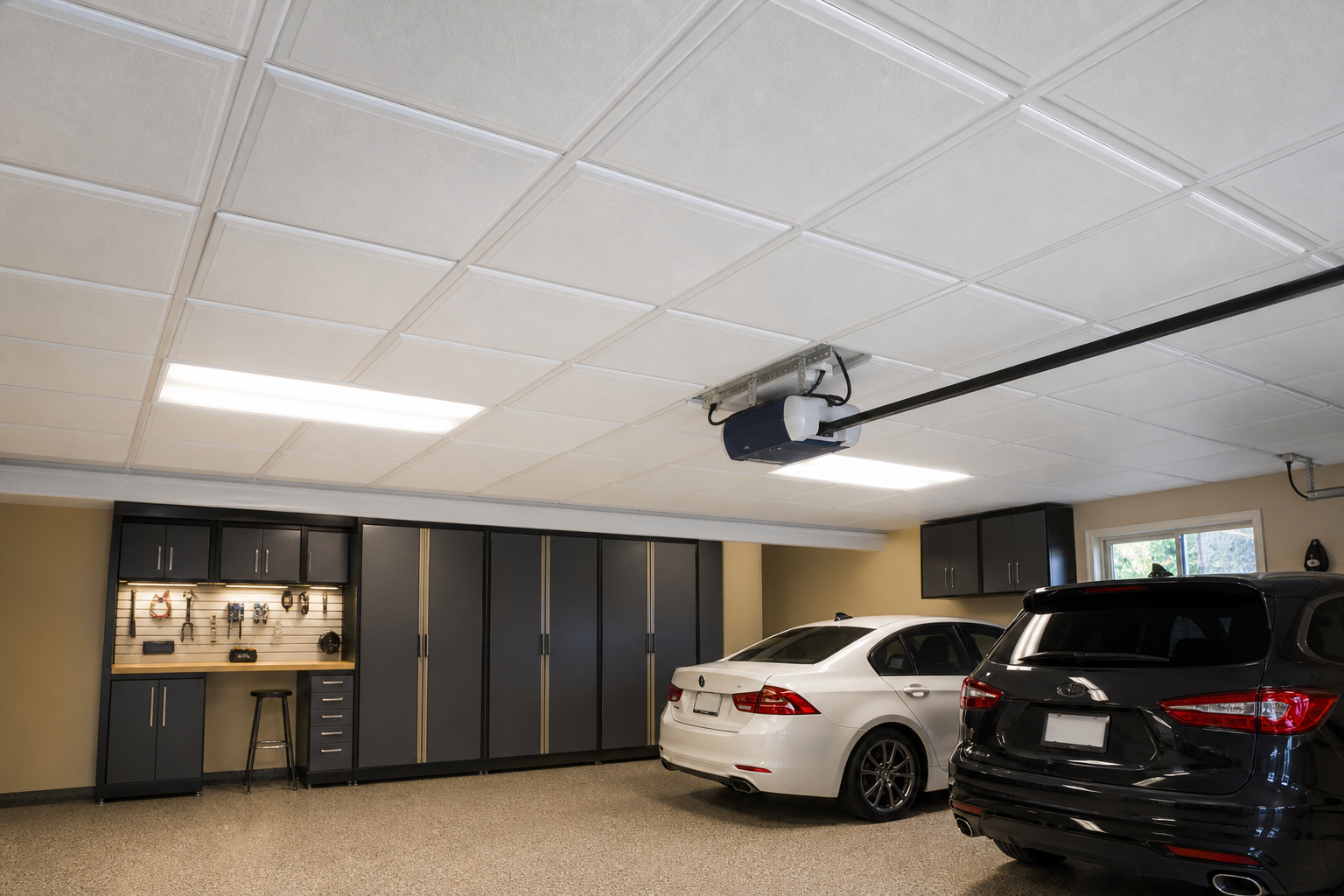 White foam backed vinyl insulated ceiling panels with flush shop lights in a two car garage