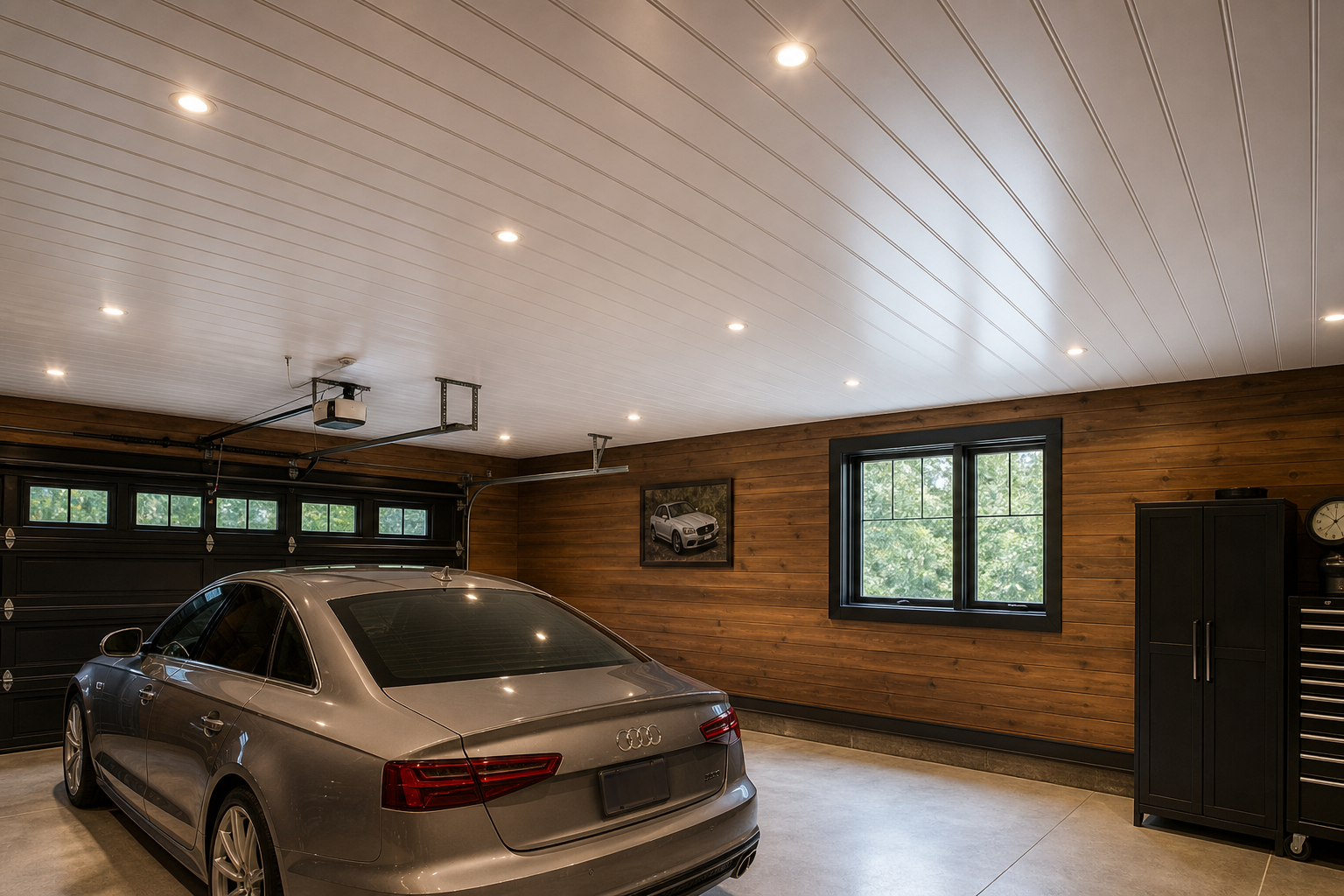 White PVC tongue and groove plank ceiling over rigid foam insulation in a modern garage
