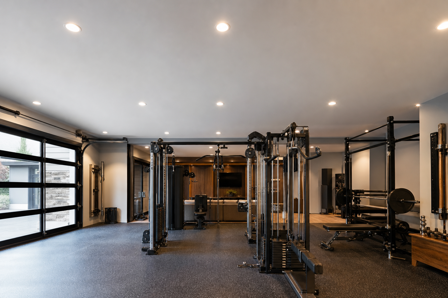 Smooth white skim coated structural insulated panel ceiling in a converted garage gym