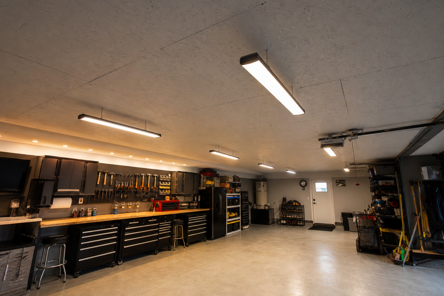 White OSB panel ceiling over radiant barrier insulation in a bright workshop garage