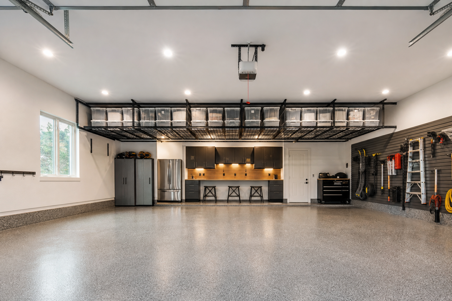 Black powder coated ceiling mounted overhead storage rack with clear bins in a finished garage