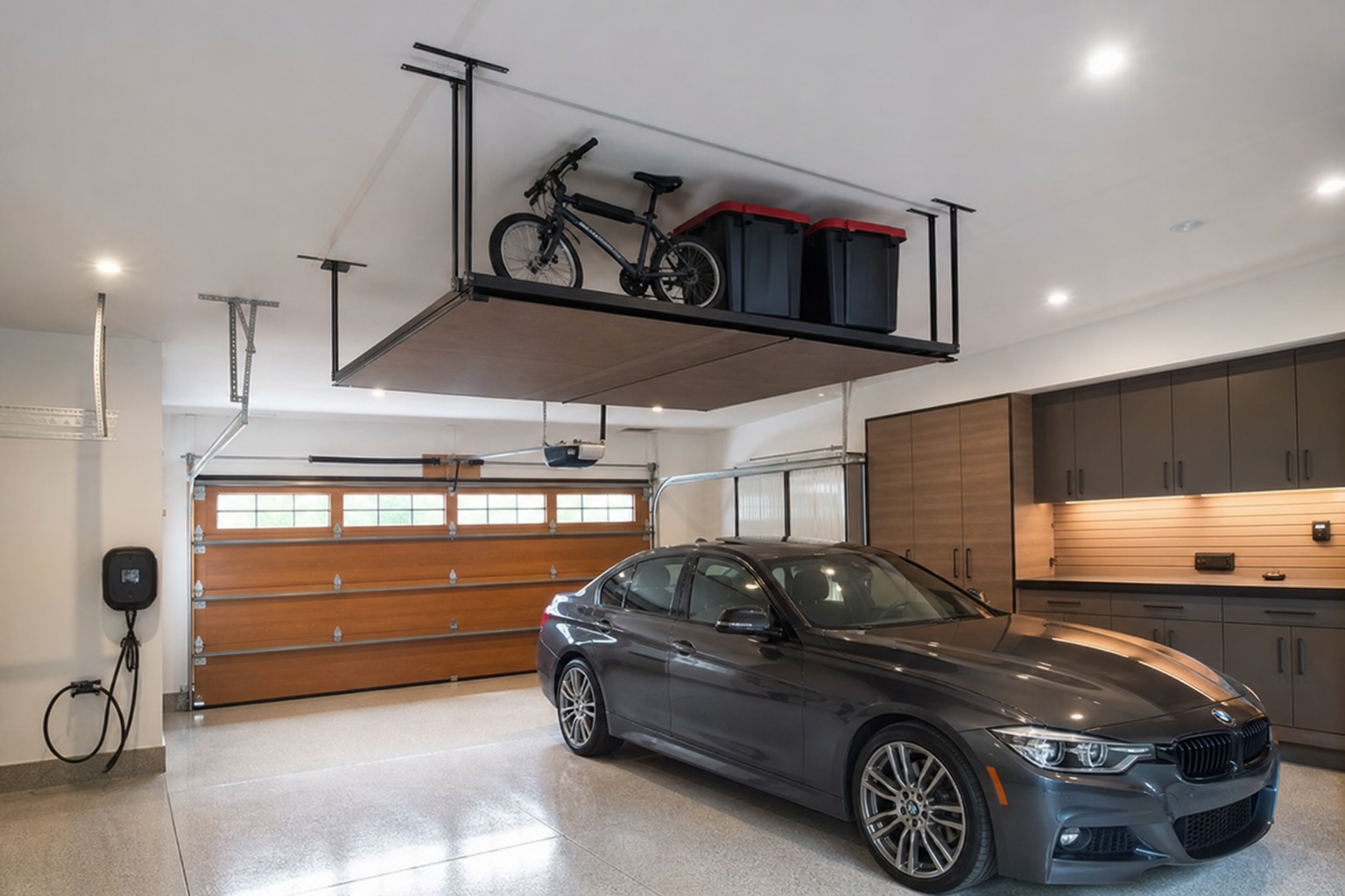 Motorized ceiling storage lift holding a bicycle and storage bins above a parked car in a finished garage
